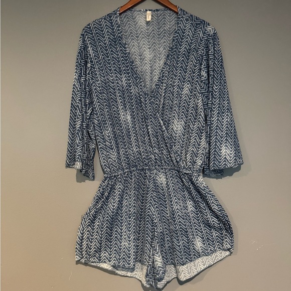 Elan Blue and White Patterned Swim Coverup Romper - Picture 2 of 9